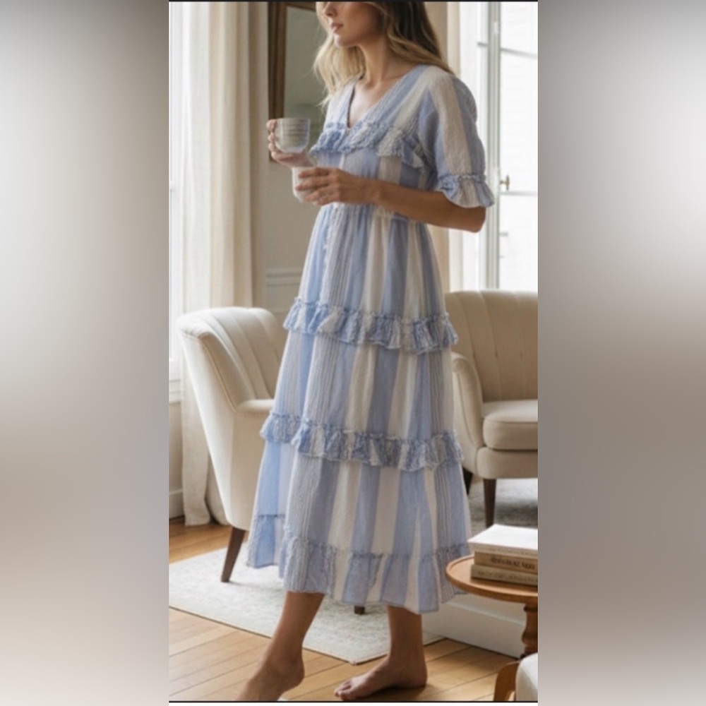 Lemlem $495 Issa Blue White Striped V-Neck Ruffle Dress Size M Coastal